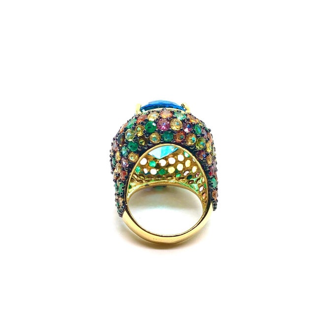 Gemstone Bochic “Orient” Vintage Tourmaline & Blue Topaz Ring Set 18 K Gold & Silver For Sale - Image 7 of 8