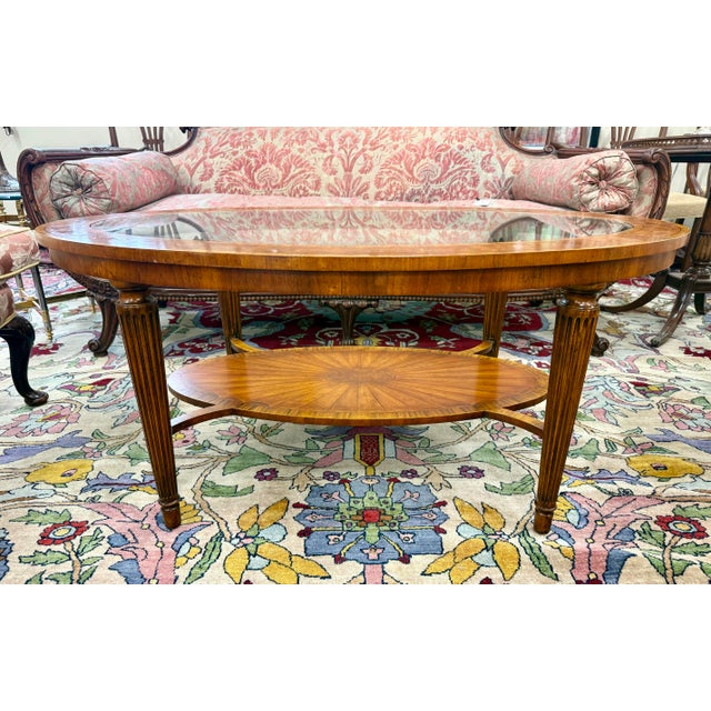 Traditional Maitland Smith Marquetry and Glass Oval Coffee Table For Sale - Image 3 of 11