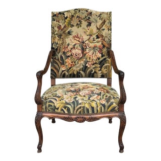 19th Century French Louis XV Fruitwood Fauteuil ~ Armchair With Floral Needlepoint For Sale