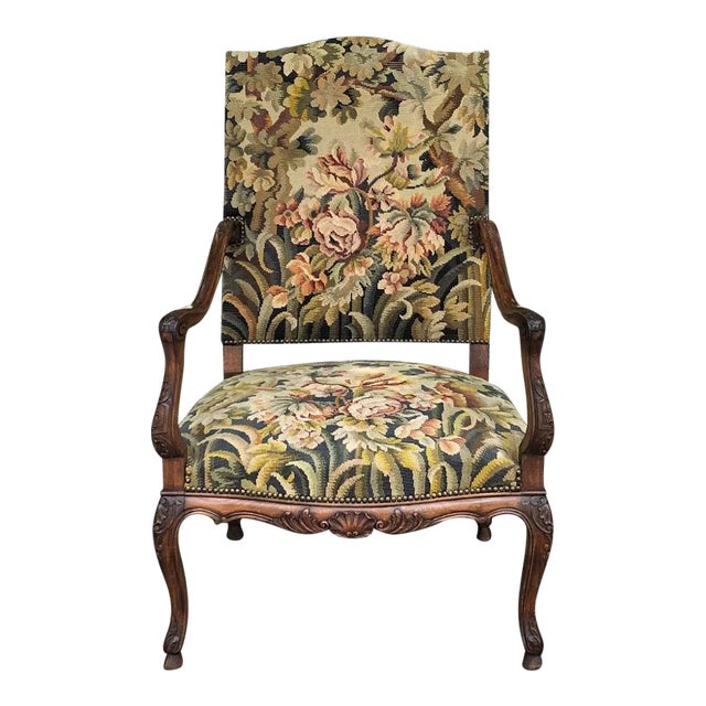 19th Century French Louis XV Fruitwood Fauteuil ~ Armchair With Floral Needlepoint For Sale