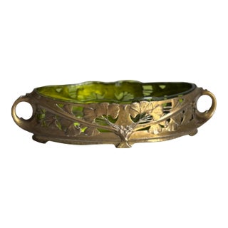 Vintage Art Nouveau Centerpiece Bowl With Green Glass Insert and Flowing Lines & Ginkgo Leaf Motifs 18.75"x9.5"x4.25" For Sale