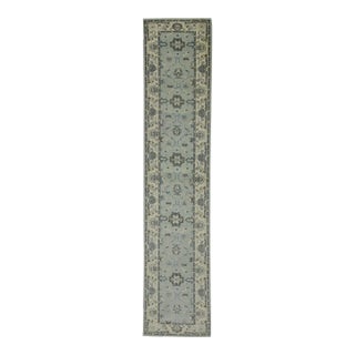 Early 21st Century Blue Floral Design Handwoven Wool Turkish Oushak Runner 2'8" X 13'9" For Sale