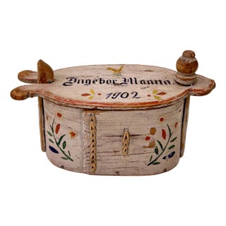 Antique Norwegian Folk Art Hand-Painted Wooden Tine Box, 1902 For Sale