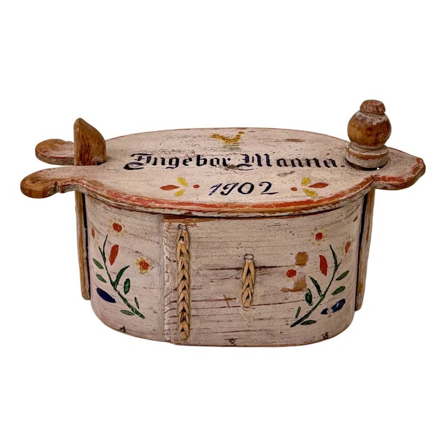 Antique Norwegian Folk Art Hand-Painted Wooden Tine Box, 1902 For Sale