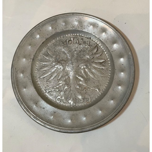 Gray Rare Antique 1634 17th Century Engraved Hand Forged Pewter Eagle Dinner Plate For Sale - Image 8 of 9