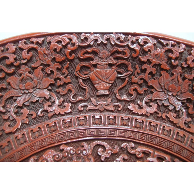 Chinese Carved Cinnabar Red Lacquer Lotus Bat Fish Design 11 1/4" Charger Plate For Sale In Portland, OR - Image 6 of 14