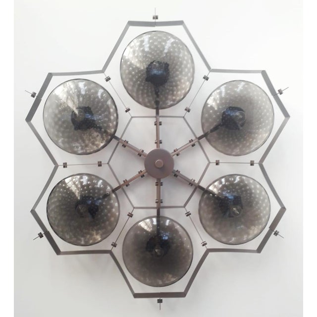 Italian midcentury flush mount with six smoky Murano glass shades carefully hand blown with bubbles inside the glass using...