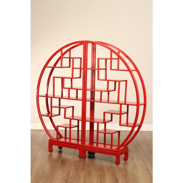 Asian Style Red Painted Round Two Part Room Divider Etagere - A Pair For Sale In Philadelphia - Image 6 of 12