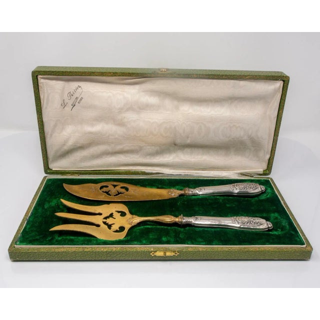 Antique French Sterling Silver And Vermeil 2Pc Boxed Set Of Fish Servers, C.1900. Servers Have A Beautiful Cut Out Flower...