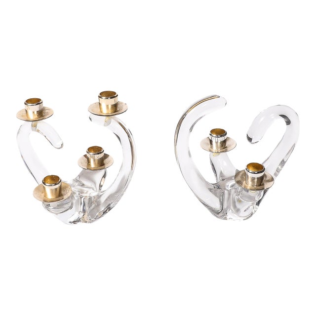 Pair of Mid-Century Amorphic Candelabra in Crystal and Brass Signed Schneider For Sale