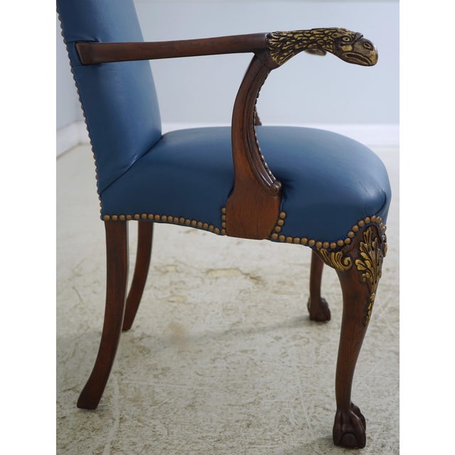Eagle Carved Arm Blue Leather Armchair For Sale - Image 11 of 18