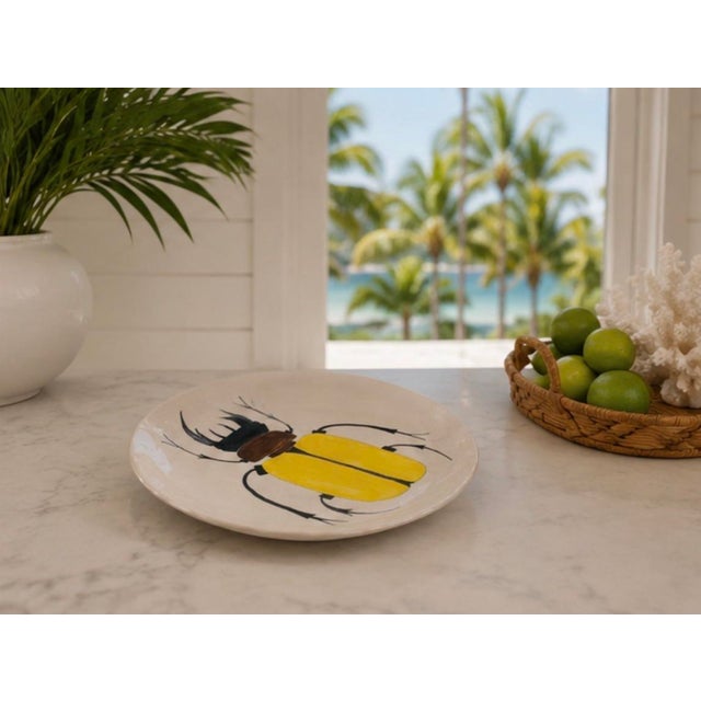 Yellow Vintage Hand-Painted Ceramic Hercules Beetle Decorative Plate For Sale - Image 8 of 12
