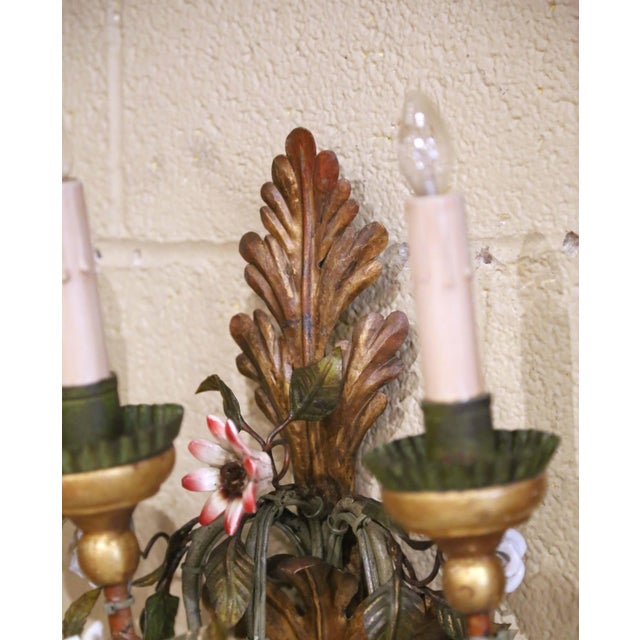 Metal Pair of Mid-Century Italian Tole and Porcelain Floral Three-Light Wall Sconces For Sale - Image 7 of 10