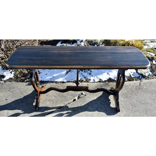 Walnut Jacobean Style Console Sofa Table Vintage 1950s Trestle Base 60 For Sale - Image 9 of 13
