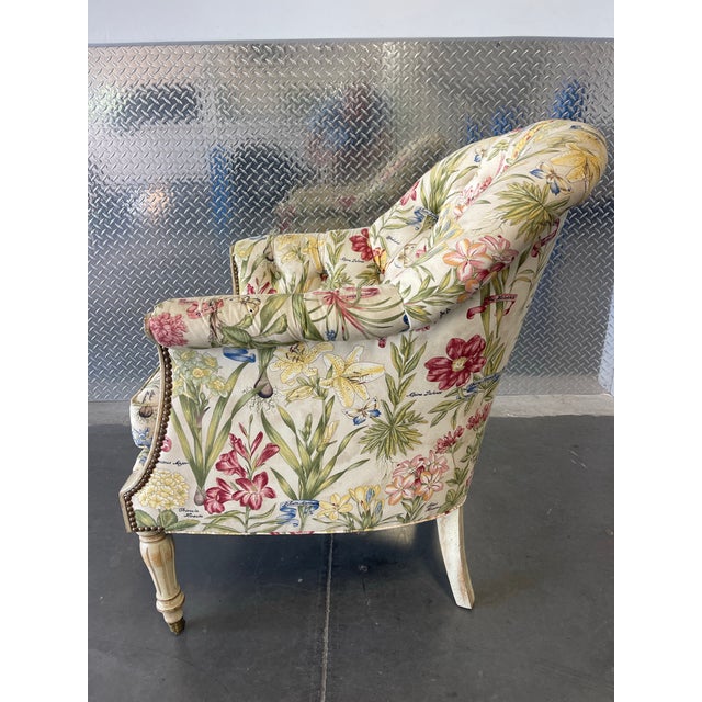 Traditional Botanical Floral Tufted Armchair With Nailhead Trim & Casters For Sale - Image 10 of 12