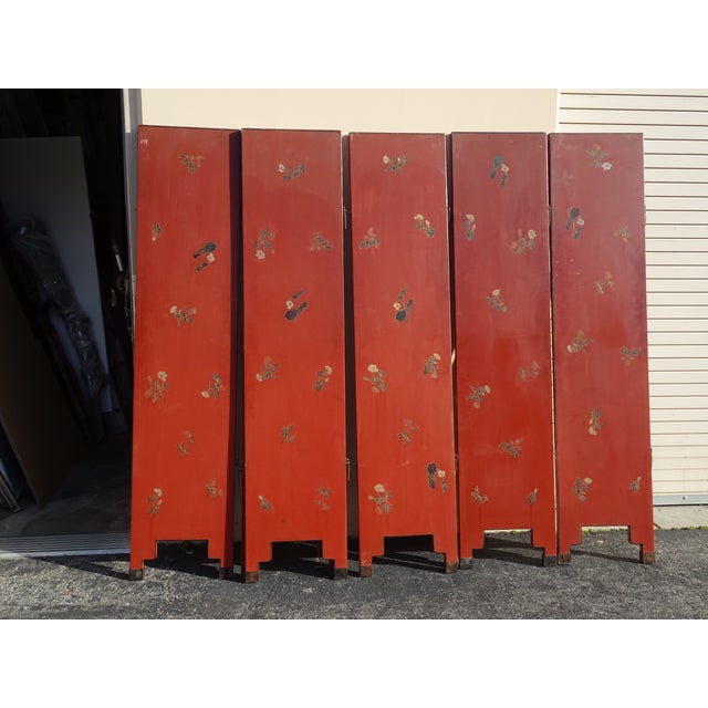 Antique Oriental Asian Red Coromandel Six Panel Folding Screen Palace Scene For Sale - Image 18 of 18
