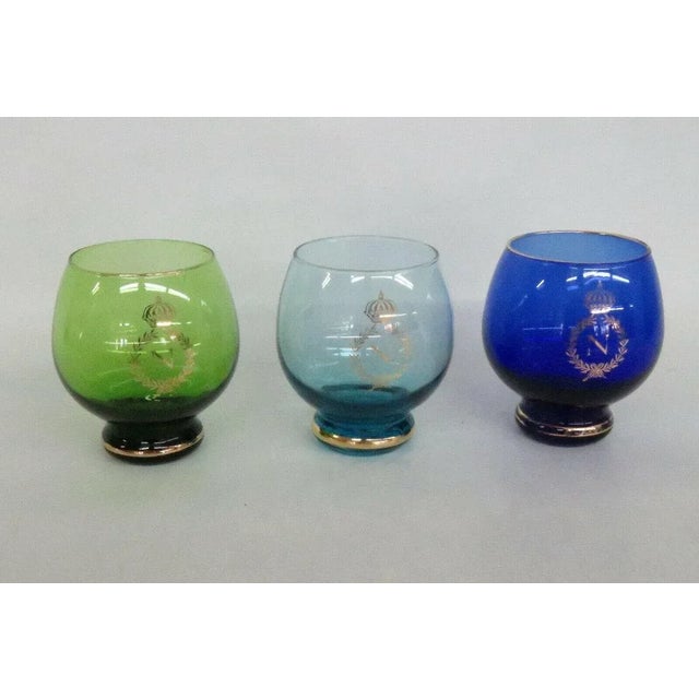 Blue Royal Crown Monogram Multicolor Whiskey Roly Poly Glasses - Set of 3 For Sale - Image 8 of 11