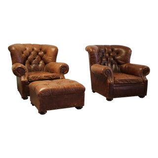 Restoration Hardware Churchill Club Chairs and Ottoman - a Pair For Sale