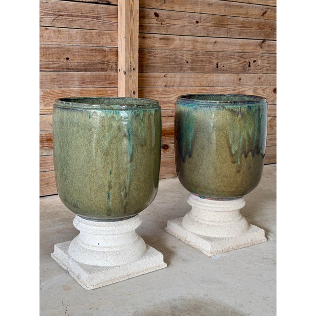 Large Green Drip Glaze Ceramic Planters on Cast Stone Pedestals-Pair For Sale - Image 10 of 12