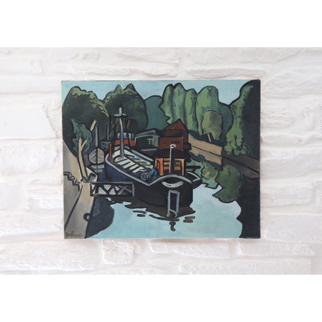 G. Delaire, Barges on the Seine, 20th Century, Oil Painting on Canvas For Sale - Image 9 of 10