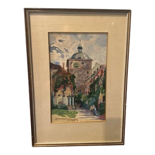 Vintage Watercolor Heidelberg Castle Interior Court 1900 For Sale