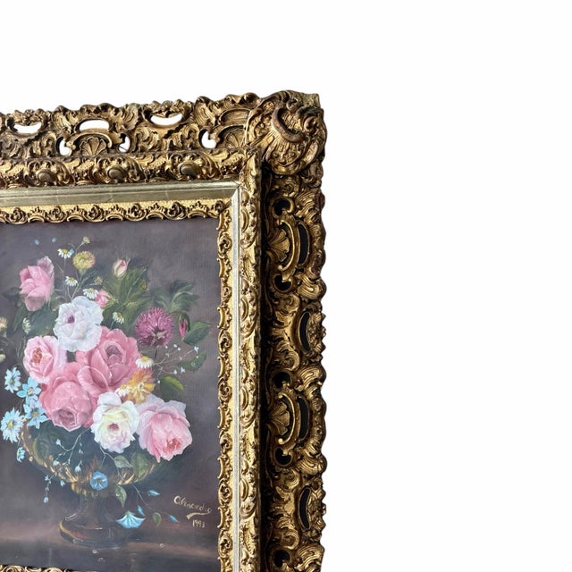 Early 20th Century Ornate Gilt Rococo Style Frame With Floral Still Life Painting For Sale - Image 4 of 12