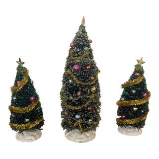 3 Small Vintage Bottlebrush Holiday Trees W Lights For Sale