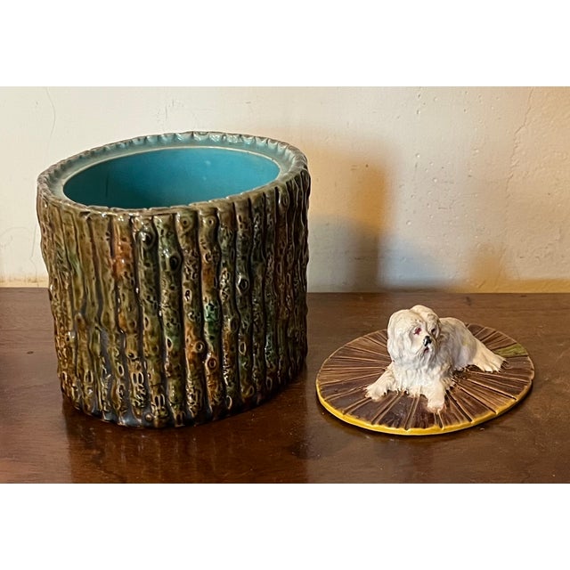 Antique 19th Century George Jones English Majolica Bamboo Faux Bois Oval Desk Box With White Dog Finial For Sale In New York - Image 6 of 13