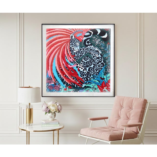 This authentic framed Hermès silk scarf features the celebrated design “Jaguar Quetzal”, created by artist Alice Shirley...