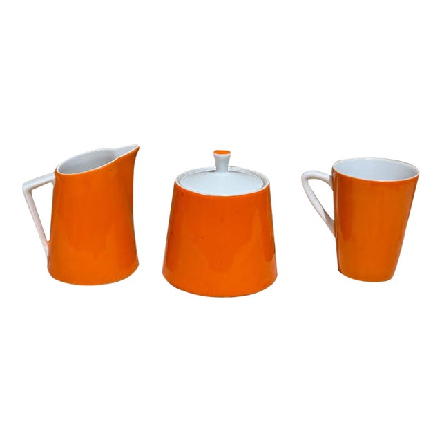 1960s Modernist Orange Sugar Creamer Set & Coffee Mug For Sale