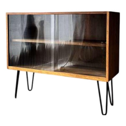 Walnut Veneer Display Cabinet with Sliding Glass Doors, 1960s For Sale