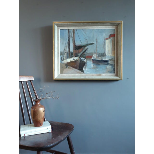 Mid-Century Modern 1953 Mid-Century Modern 'Harbour at Rest' Vintage Original Swedish Expressive Seascape Oil Painting, Framed For Sale - Image 3 of 11