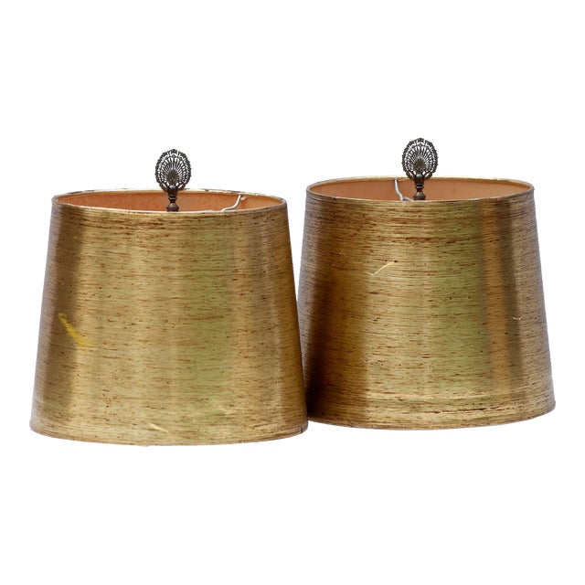 Pair of Early 20th Century Gold Shades with Finial & Harps For Sale