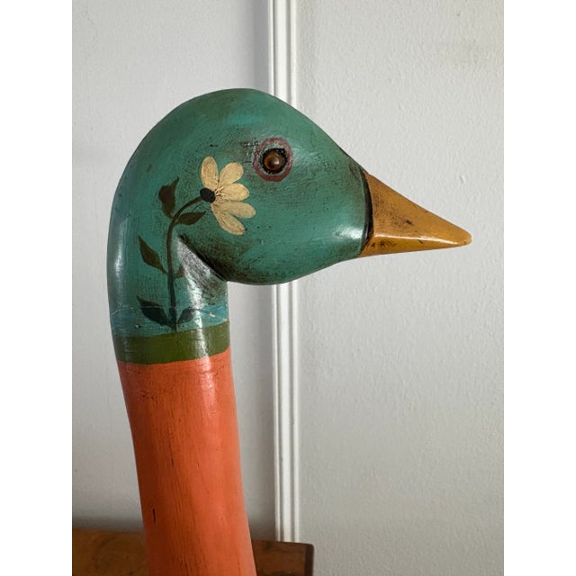Orange Vintage Folk Art Hand Painted Wooden Duck/ Swan Statue For Sale - Image 8 of 12
