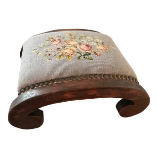 Vintage Curved Needlepoint Footstool For Sale