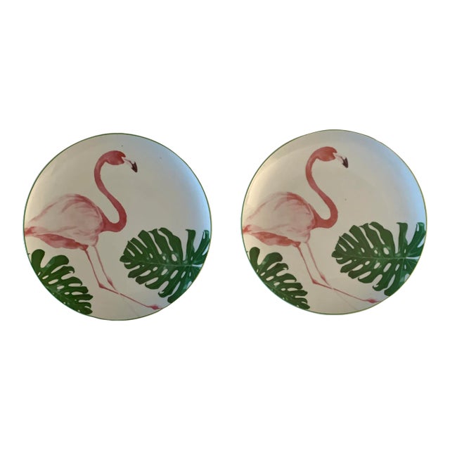 Fitz Floyd Pink Flamingo Ceramic Porcelain Plate - Set 2 Dinnerware For Sale