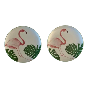 Fitz Floyd Pink Flamingo Ceramic Porcelain Plate - Set 2 Dinnerware