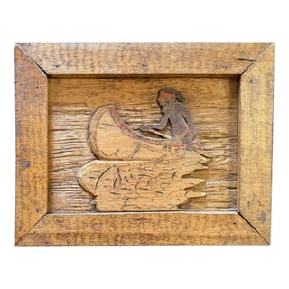 Early Wood Hand Carved Plaque - A Indigenous Man in a Canoe, Wall Art For Sale