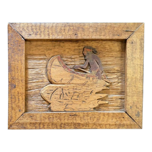 Early Wood Hand Carved Plaque - A Indigenous Man in a Canoe, Wall Art