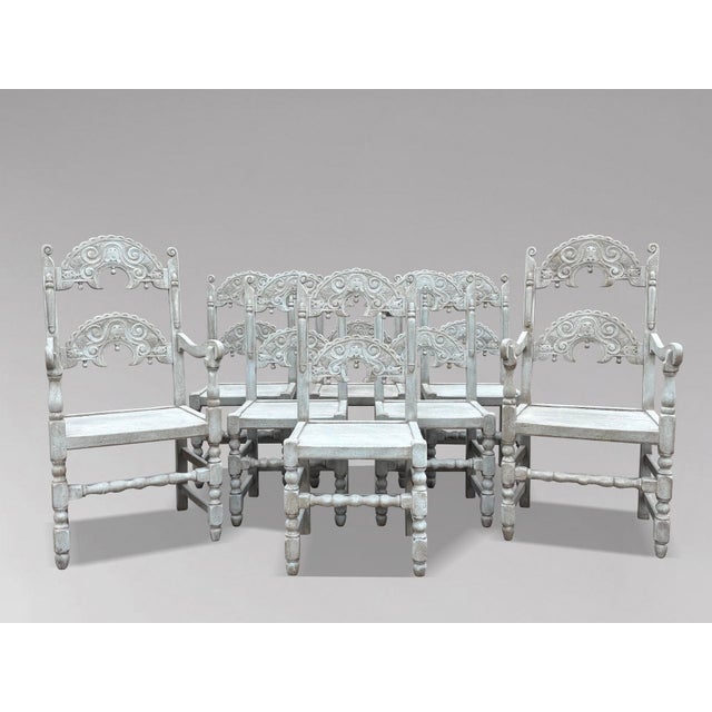Antique Painted Carved Oak Derbyshire Dining Chairs, 1910, Set of 8 For Sale - Image 12 of 15