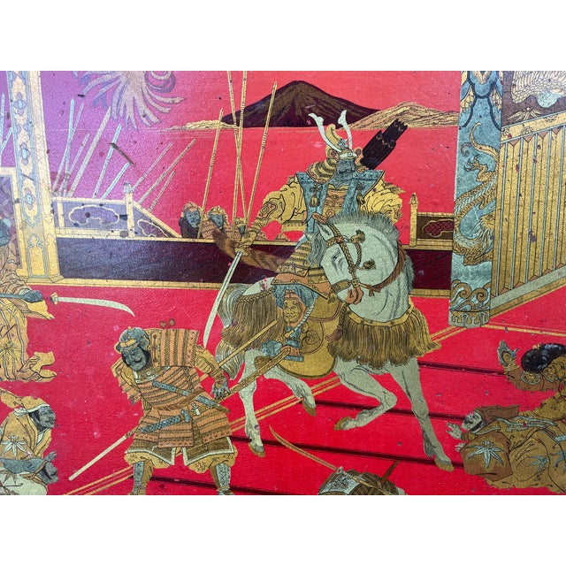 Japanese 19th C French Red Lacquer Tray With Japanese Samurai Motif For Sale - Image 3 of 5