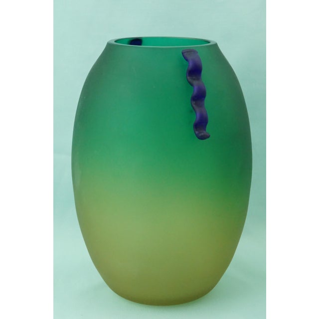 Green and Yellow Acid-Etched Opaque Murano Glass Deco Vase, Venice, Italy, 1950s For Sale - Image 4 of 18