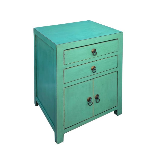 Chinese Distressed Turquoise Green 2 Drawers End Table Nightstand For Sale - Image 4 of 6
