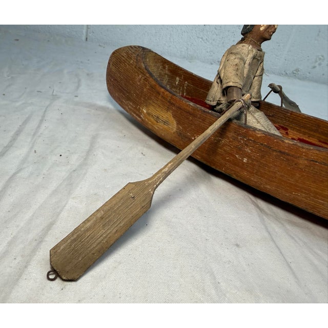 19th Century Antique Hand Carved Wood Canadian Inuit Eskimo Art Wood Sculpture Canoe Man For Sale - Image 5 of 12