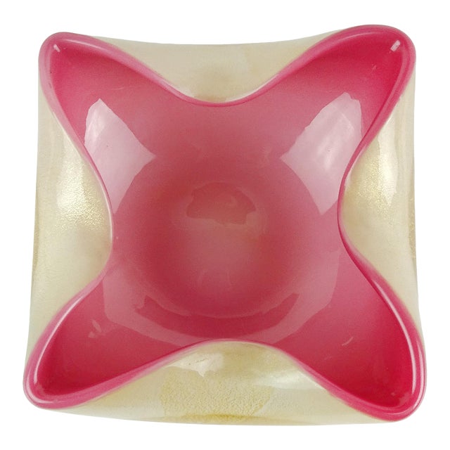Murano Vintage Seguso Gold Flecks White Deep Pink Italian Art Glass Folded Over Rim Bowl Dish For Sale