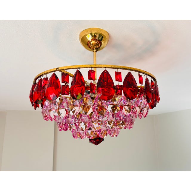 Vintage French Style Crystal Chandelier – Hand-Painted Pink & Ruby Red Prisms For Sale - Image 17 of 18