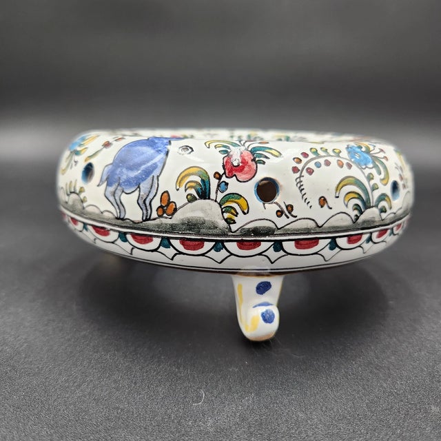 1990s Vintage Portuguese Hand Painted Ceramic Circular Flower Frog Vase For Sale - Image 5 of 6