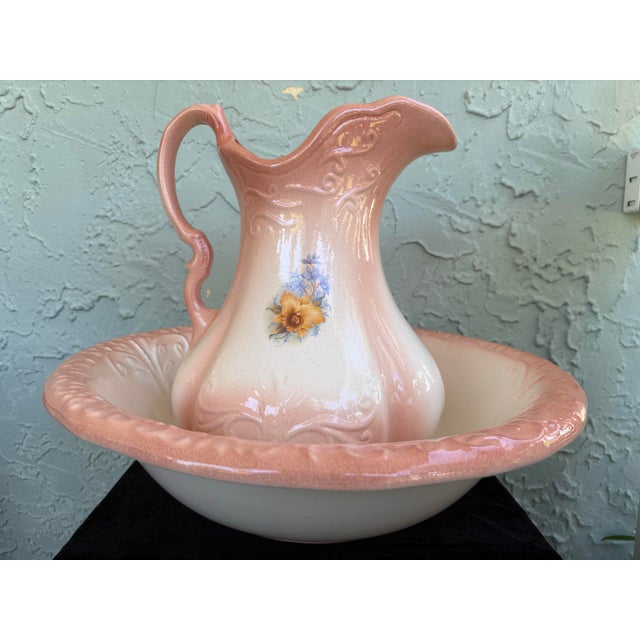 Ironstone China Vintage Peach Glazed Ceramic Wash Basin & Pitcher Set With Floral Motif – Victorian Revival For Sale - Image 4 of 12
