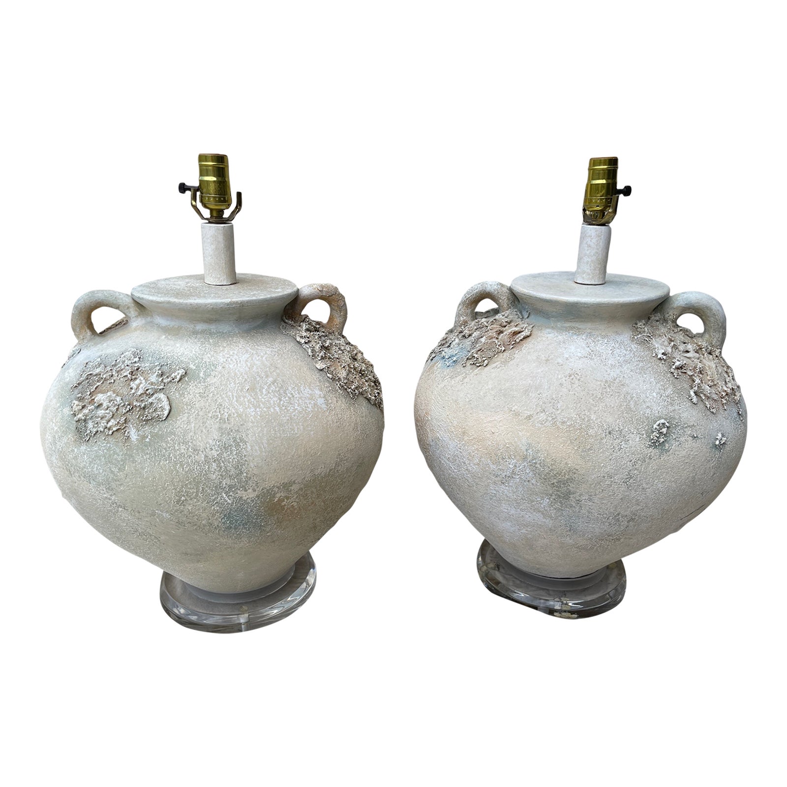 Pair of Vintage Post Modern Textured Terra Cotta Water Jug Table Lamps