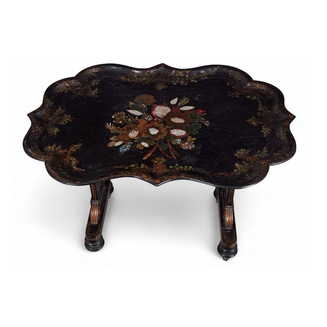 Victorian Antique Mother of Pearl Papier Mache Tilt Top Tray Table For Sale - Image 3 of 3